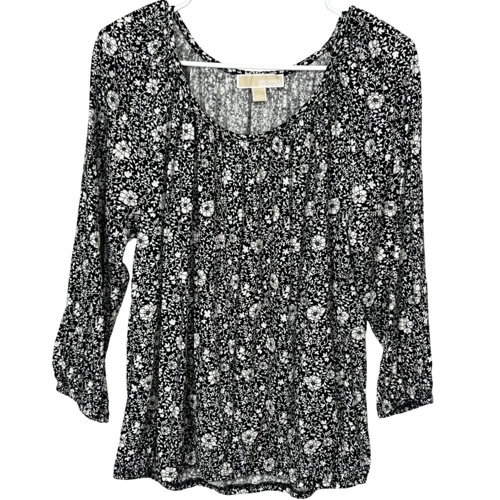 Michael Kors Black and White Floral Print Blouse Elastic Waist and Cuffs Size Lg